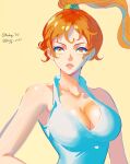  1girl blue_shirt breasts cleavage english_commentary floating_hair hair_tie halter_shirt halterneck hand_on_own_hip heyy_vivii high_ponytail highres looking_ahead nami_(one_piece) one_piece orange_eyes orange_hair orange_lips shirt sidelighting solo twitter_username upper_body yellow_background 