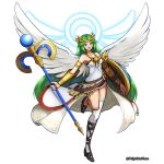  1girl breasts chain collarbone diadem dress full_body gold_chain green_eyes green_hair highres holding holding_staff kid_icarus kid_icarus_uprising long_hair palutena phiphi-au-thon shield simple_background single_thighhigh solo staff strapless strapless_dress thighhighs twitter_username vambraces very_long_hair white_background white_wings wings 