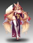 absurdres bell blonde_hair bow breasts cape geta hair_bell hair_bow hair_ornament highres hime_tyan_art japanese_clothes kimono kitsune large_breasts lingerie long_hair non-web_source original smoking_pipe teasing thighhighs tube underwear 