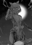  1girl absurdres animal_ears arm_up breasts breath carrying_over_shoulder commission ear_covers glowing glowing_eyes greyscale hairband hand_in_pocket hasukurira highres holding holding_shovel horse_ears horse_girl horse_tail jacket long_sleeves looking_at_viewer looking_down monochrome open_mouth pants pixiv_commission short_hair shovel small_breasts solo stepped_on tail track_jacket track_suit umamusume yukino_bijin_(umamusume) 