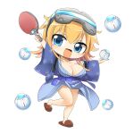  1girl ball blonde_hair blue_eyes blue_kimono blush_stickers breasts brown_footwear character_request chibi cleavage commentary_request flipped_hair full_body goggles goggles_on_head holding holding_paddle hop_step_jumpers japanese_clothes kimono large_breasts lets0020 looking_at_viewer medium_bangs medium_hair open_mouth paddle simple_background slippers smile solo standing standing_on_one_leg table_tennis_ball table_tennis_paddle transparent_background yukata 