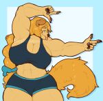  2024 5_fingers abs anthro big_breasts bird_dog blep blonde_hair blue_background blue_eyes bra breast_squish breasts canid canine canis claws cleavage clothed clothing dog_knight_rpg domestic_dog eyebrows female finger_claws finger_gun fingers fur gesture golden_retriever hair hand_gesture hi_res huge_breasts hunting_dog jeane_(ceehaz) mammal muscular muscular_anthro muscular_arms muscular_female ooblespoodles pawpads retriever side_boob signature simple_background solo sports_bra squish tan_body tan_fur thick_eyebrows tongue tongue_out underwear 