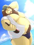  2019 belly big_belly blue_sky blush body_hair bottle brown_mane bulge clothed clothing cloud eyes_closed felid fur happy_trail hat headgear headwear hi_res light lion male mammal mane moobs morkov navel nipples open_mouth open_shirt open_smile overweight overweight_male pantherine sea sky smile solo speedo sunlight swimwear water yellow_fur 