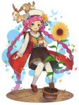  1girl :d animal artist_name bangs beret blue_eyes blue_flower blue_neckwear bow braid brown_footwear brown_shirt brown_skirt bunny commentary dragalia_lost flower green_footwear hat hentaki jacket long_sleeves looking_at_viewer low_twintails maribelle_(dragalia_lost) open_clothes open_jacket open_mouth pantyhose pink_hair plaid plaid_skirt plant pleated_skirt potted_plant red_bow red_jacket round_teeth sailor_collar school_uniform serafuku shirt shoes short_eyebrows skirt smile solo squirrel sunflower teeth thick_eyebrows twin_braids twintails upper_teeth watermark web_address white_headwear white_legwear white_sailor_collar yellow_flower 