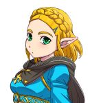  1girl black_cape blonde_hair blue_shirt blush braid breasts cape closed_mouth commentary_request crown_braid forehead green_eyes hair_ornament hairclip hanya_(hanya_yashiki) looking_at_viewer medium_breasts pointy_ears princess_zelda shirt short_hair simple_background solo the_legend_of_zelda the_legend_of_zelda:_breath_of_the_wild_2 thick_eyebrows triforce underbust white_background 