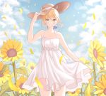  1girl absurdres artoria_pendragon_(all) blonde_hair blue_ribbon blue_sky breasts cleavage cloud collar cowboy_shot day dress fate/stay_night fate_(series) field floating_hair flower flower_field green_eyes grin hair_between_eyes hair_ribbon halterneck hand_on_headwear hat hat_ribbon highres lq_saku outdoors petals ribbon saber short_dress short_hair skirt_hold sky sleeveless sleeveless_dress small_breasts smile solo standing straw_hat sun_hat sundress sunflower thigh_gap white_dress white_ribbon yellow_flower 