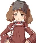  1girl alchera brown_eyes brown_hair commentary_request hands_on_hips head_tilt japanese_clothes kantai_collection kariginu long_hair looking_at_viewer magatama open_mouth red_shirt ryuujou_(kantai_collection) shirt simple_background solo twintails upper_body visor_cap white_background 