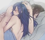  1boy 1girl back blue_hair brown_hair character_request closed_eyes couple cuddling fire_emblem fire_emblem:_kakusei hand_in_another&#039;s_hair hetero long_hair lucina messy_hair naked_sheet nude open_mouth parted_lips tusia under_covers 