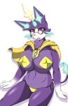  2019 anthro big_breasts blush breasts clothed clothing digital_media_(artwork) eyewear felid feline female fur glasses league_of_legends looking_at_viewer mammal mellonsoda open_mouth partially_clothed purple_fur riot_games simple_background skimpy solo video_games yuumi_(lol) 