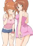  2girls ass bangs bare_shoulders blunt_bangs blush bow brown_eyes brown_hair crotch_seam dress eyebrows_visible_through_hair girls_und_panzer hand_on_thigh hand_up highres long_hair looking_at_viewer multiple_girls nishizumi_miho one_eye_closed open_mouth pink_dress pink_ribbon pink_scrunchie ponytail ribbon scrunchie short_hair short_shorts shorts simple_background smile sweatdrop takebe_saori thighs tied_hair white_background yabai_gorilla 