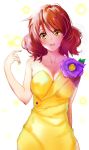  1girl :d absurdres arm_behind_back blush breasts brown_hair cleavage clisapex collarbone dress flower hair_between_eyes head_tilt hibike!_euphonium highres large_breasts long_hair looking_at_viewer open_mouth oumae_kumiko purple_flower sleeveless sleeveless_dress smile solo standing strapless strapless_dress white_background yellow_dress yellow_eyes 