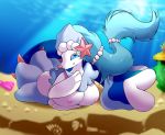  anthro asterozoan blue_eyes blue_hair breasts deerrobin detailed_background echinoderm female hair hi_res looking_at_viewer mammal marine nintendo nipples pink_nose pinniped pok&eacute;mon pok&eacute;mon_(species) primarina solo starfish underwater video_games water white_skin 