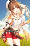  1girl :d arm_up atelier_(series) atelier_ryza belt beret blue_sky breasts brown_eyes brown_hair cleavage cloud collarbone cowboy_shot day drawstring flask grass hair_ornament hairclip hat jewelry kh_(kh_1128) large_breasts leaf leaves_in_wind looking_at_viewer midriff navel necklace open_mouth outdoors red_shorts reisalin_stout shirt short_hair short_shorts shorts sky smile solo standing star test_tube thighhighs white_headwear white_shirt 