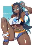  1girl armlet bare_shoulders bike_shorts black_hair blue_eyes blue_hair breasts commentary_request covered_nipples dark_skin highres large_breasts looking_at_viewer navel osiimi parted_lips poke_ball pokemon pokemon_(game) pokemon_swsh ponytail rurina_(pokemon) sandals shiny shiny_hair shiny_skin sitting solo sports_bra sportswear thighs 