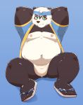  2019 absurd_res anthro belly black_fur blush bulge clothed clothing fur giant_panda green_eyes hi_res jumperbear male mammal moobs navel nipples open_shirt overweight overweight_male shirt sitting solo topwear underwear ursid white_fur 
