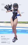  1girl black_one-piece_swimsuit brand_name_imitation breasts brown_eyes competition_swimsuit covered_navel fukai_ryosuke full_body hair_between_eyes handheld_game_console headphones headphones_around_neck highres holding holding_handheld_game_console medium_breasts multicolored_clothes multicolored_swimsuit nintendo_switch one-piece_swimsuit original robot shoes short_hair sidelocks sleep_mask sneakers solo swimsuit 