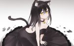  13o 1girl animal_ears arched_back arm_support backless_dress backless_outfit bangs bare_arms bare_shoulders bell bell_collar black_collar black_dress black_hair breasts cat_ears cat_girl cat_tail cleavage closed_mouth collar collarbone commentary dress english_commentary eyebrows_visible_through_hair frilled_dress frills gradient gradient_background grey_background hair_between_eyes jingle_bell long_hair medium_breasts original petals solo tail tail_raised tears very_long_hair white_background yellow_eyes 