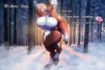  anthro big_breasts breasts cervid chest_tuft dialogue female hi_res mammal muscular muscular_female nude outside pose pyc-art snow tuft 