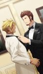  2boys 47_(479992103) beard beowulf_(fate/grand_order) blonde_hair blue_eyes brown_hair facial_hair fate/grand_order fate_(series) formal male_focus multiple_boys muscle napoleon_bonaparte_(fate/grand_order) necktie pants red_eyes scar suit 
