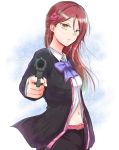  1girl belt belt_buckle black_jacket black_pants blue_neckwear brown_hair buckle collared_shirt dress_shirt eyebrows_visible_through_hair floating_hair flower guilty_kiss_(love_live!) gun hair_between_eyes hair_flower hair_ornament holding holding_gun holding_weapon hzk jacket long_hair looking_at_viewer love_live! love_live!_sunshine!! midriff navel open_clothes open_jacket pants parted_lips pink_belt red_flower red_rose rose sakurauchi_riko shiny shiny_hair shirt solo standing stomach weapon white_background white_shirt wing_collar yellow_eyes 
