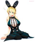  1girl ahoge animal_ears arms_behind_back artoria_pendragon_(all) artoria_pendragon_(lancer) barefoot blonde_hair bow bowtie breasts bunny_ears commentary_request fake_animal_ears fate/grand_order fate_(series) green_eyes hair_between_eyes hair_up hairband highres lace large_breasts looking_at_viewer mattari_yufi pantyhose shadow shirt sidelocks sitting sleeveless sleeveless_shirt solo twitter_username vest white_background yokozuwari 