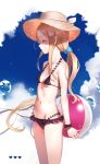  1girl abigail_williams_(fate/grand_order) ball bangs bare_arms bare_shoulders beachball bikini black_bikini blonde_hair blue_scrunchie blue_sky breasts brown_headwear closed_eyes cloud collarbone commentary_request day fate/grand_order fate_(series) forehead grin groin hair_ornament hair_scrunchie hat heart highres holding holding_ball long_hair low_ponytail navel outdoors parted_bangs polka_dot polka_dot_bikini ponytail profile scrunchie sky small_breasts smile solo straw_hat swimsuit very_long_hair yukiyama_momo 