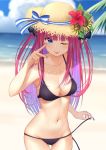  1girl :p bare_shoulders beach bikini black_bikini blue_eyes blue_sky blurry blurry_background blush breasts cleavage cloud collarbone cowboy_shot day depth_of_field flower go-toubun_no_hanayome groin hat hat_flower hat_ribbon hibiscus highres long_hair looking_at_viewer medium_breasts mottsun_(i_40y) nakano_nino navel ocean one_eye_closed pink_hair purple_nails ribbon sand sky solo standing stomach straw_hat sunflower swimsuit thigh_gap tongue tongue_out untied untied_bikini water 