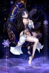  1girl absurdres anklet asymmetrical_legwear asymmetrical_sleeves bad_feet barefoot black_bow black_hair black_legwear black_sleeves bow breasts cleavage detached_sleeves diadem earrings fate/grand_order fate_(series) floating_hair full_body hair_bow highres ishtar_(fate/grand_order) jewelry loki1998 long_hair long_sleeves looking_at_viewer medium_breasts midriff red_eyes shiny shiny_hair single_sleeve single_thighhigh soles solo stomach strapless thighhighs very_long_hair 