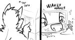  anthro arrwulf bed black_and_white boop building house macro monochrome shatter size_difference snoot surprise waking_up window 
