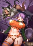  :3 animal_ears ass basket breasts broom brown_hair cat_ears cat_tail commentary_request dark_skin fang highres impossible_clothes impossible_shirt jack-o&#039;-lantern kuzukago_(bitchmaker) large_breasts long_hair looking_at_viewer midriff navel open_mouth purple_background purple_eyes purple_hair round_teeth shirt simple_background skindentation slit_pupils smile star striped striped_legwear tail teeth twintails yellow_eyes 