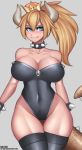  2018 blonde_hair blue_eyes bowser bowsette_meme breasts camel_toe cleavage clothed clothing collar crown evil_grin female grey_background grin hair hi_res horn humanoid legwear looking_at_viewer mario_bros navel nintendo ponytail rd-rn00 scalie simple_background smile solo spiked_wristband super_crown thick_thighs thigh_highs tight_clothing video_games wristband 