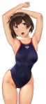  1girl armpits arms_up ass_visible_through_thighs blue_swimsuit breasts brown_eyes brown_hair commentary_request covered_navel cowboy_shot eeyore hiryuu_(kantai_collection) kantai_collection large_breasts looking_up one-piece_swimsuit one_side_up open_mouth short_hair simple_background skindentation solo swimsuit wa_(genryusui) white_background 