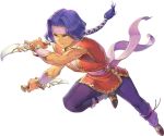  1boy artist_request brown_footwear dark_skin full_body hawkeye_(seiken_densetsu_3) holding holding_knife holding_weapon knife long_hair low-tied_long_hair male_focus official_art pants purple_hair red_shirt seiken_densetsu seiken_densetsu_3 shirt shoes short_sleeves solo transparent_background very_long_hair weapon yellow_eyes 