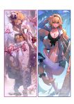  2girls black_border blonde_hair blue_eyes border braid breasts character_request cherry_blossoms cleavage fate/grand_order fate_(series) from_side highres innertube japanese_clothes jeanne_d&#039;arc_(fate) jeanne_d&#039;arc_(fate)_(all) kimono leaning_forward long_beard looking_at_viewer lying multiple_girls on_back single_braid wide_shot zanyak 