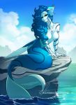  2019 anthro aomori blue_eyes blue_hair breasts digital_media_(artwork) female fish hair horn looking_at_viewer marine merfolk nipples outside smile solo 