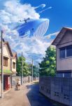  1other aircraft airship ambiguous_gender bicycle blue_sky brown_shorts building cloud cloudy_sky commentary_request day door fantasy fjsmu ground_vehicle hat highres house original outdoors power_lines rural scenery shirt shoes shorts sky straw_hat sunlight tree vending_machine whale white_shirt 