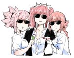  3girls :t :| aviator_sunglasses black-framed_eyewear black_headwear bottle braided_ponytail breasts cleavage closed_mouth dango dress_shirt fate/grand_order fate_(series) florence_nightingale_(fate/grand_order) food frilled_shirt frills gloves hair_ornament hairband holding holding_bottle jacket jacket_on_shoulders medb_(fate)_(all) medb_(fate/grand_order) miyamoto_musashi_(fate/grand_order) multiple_girls open_clothes open_jacket open_shirt pink_hair rectangular_eyewear sakeno_rarukan shirt smile sunglasses teeth twintails wagashi white_gloves white_headwear white_shirt 