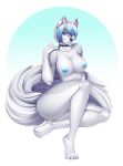  anthro big_breasts blue_hair blue_nipples breasts butt canid canine choker female fluffy fluffy_tail fur hair hi_res knight_dd looking_at_viewer mammal nipple_piercing nipples nude piercing short_hair smile solo thick_thighs tongue tongue_out white_fur white_hair wide_hips 