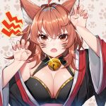  1girl :o absurdres ahoge animal_ear_fluff animal_ears bare_shoulders bell black_kimono breasts brown_eyes brown_hair cat_ears claw_pose cleavage commentary_request facial_mark fangs glint hands_up highres ihachisu japanese_clothes jingle_bell kimono large_breasts long_hair looking_at_viewer open_mouth original paw_background solo upper_body v-shaped_eyebrows wide_sleeves 