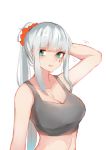  1girl arm_up bangs bare_arms bare_shoulders breasts cleavage collarbone commentary_request crop_top eyebrows_visible_through_hair facial_mark girls_frontline green_eyes grey_tank_top hair_ornament hair_scrunchie hand_behind_head high_ponytail hk416_(girls_frontline) inniyik long_hair looking_at_viewer medium_breasts orange_scrunchie ponytail scrunchie sidelocks silver_hair simple_background solo sweat tank_top upper_body very_long_hair white_background 