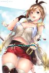  1girl :d atelier_(series) atelier_ryza bangs belt blush breasts brown_eyes brown_gloves brown_hair commentary_request cowboy_shot gloves hair_ornament hairclip hand_up hat holding holding_staff hooded_vest jewelry large_breasts looking_at_viewer midriff necklace open_clothes open_mouth open_vest red_shorts rei_kun reisalin_stout revision round-bottom_flask short_hair short_shorts shorts sidelocks signature skindentation smile solo staff star thighhighs thighs vest white_headwear yellow_vest 