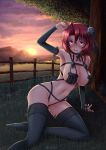  1girl adsouto armpits black_bow black_legwear black_sleeves blush bow breasts cleavage collarbone commentary cow_girl_(goblin_slayer!) detached_sleeves english_commentary goblin_slayer! hair_between_eyes hair_bow highres large_breasts lingerie navel open_mouth outdoors red_hair short_hair smile solo sun sunset thighhighs tree underwear upper_teeth 