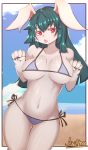  2019 5_fingers absurd_res anthro beach bikini blush border breasts clothing female fur green_hair hair hi_res kemono lagomorph long_hair looking_at_viewer mammal mofumofumachine navel open_mouth outside paw_pose pink_eyes portrait seaside solo swimwear three-quarter_portrait white_border white_fur 