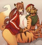  anthro areola beret big_breasts blonde_hair blush breast_squish breasts breasts_frottage brown_hair butt canid canine clothed clothing duo felid female fox fur hair hat headgear headwear hi_res huge_breasts invalid_tag jacket kemono long_hair looking_at_viewer mammal orange_fur pantherine partially_clothed short_hair sindoll squish stripes tiger topwear 