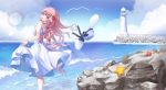  clouds dress hat hyonee lighthouse long_hair original pink_eyes pink_hair sky summer_dress water wristwear 