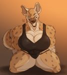  anthro bedroom_eyes big_breasts breasts cleavage clothed clothing fangs female half-closed_eyes hi_res huge_breasts hyaenid licking licking_lips mammal muscular muscular_female one-piece_swimsuit open_mouth open_smile pyc-art seductive self_lick smile solo spotted_hyena swimwear tongue tongue_out 