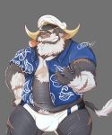  2019 ahab_(tas) anthro belly bon_donuts bovid bovine bulge clothed clothing hat headgear headwear hi_res humanoid_hands male mammal navel one_eye_closed open_shirt overweight overweight_male scar shirt simple_background solo tokyo_afterschool_summoners topwear true_buffalo underwear video_games water_buffalo wink 