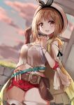  1girl :d atelier_(series) atelier_ryza belt blush breasts brown_eyes brown_hair cleavage cloud commentary_request evening hair_ornament hairclip haru_(renol) hat highres looking_at_viewer medium_breasts midriff navel open_mouth red_shorts reisalin_stout short_hair short_shorts shorts sky smile solo standing teeth thighhighs thighs upper_teeth white_headwear white_legwear 