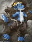  anthro blood bodily_fluids clothed clothing death dragon fur furred_dragon furred_scalie genitals gunshot_wound hi_res him_army horn male mud mythological_creature mythological_scalie mythology penis penis_tip raining scalie solo topless 