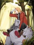  2boys ahoge alphonse_elric black_pants black_shirt blonde_hair boots braided_ponytail brown_footwear day edward_elric forest fullmetal_alchemist gloves hair_over_shoulder long_hair multiple_boys nature ninebirds open_mouth outdoors pants ponytail shirt sunlight white_gloves yellow_eyes 